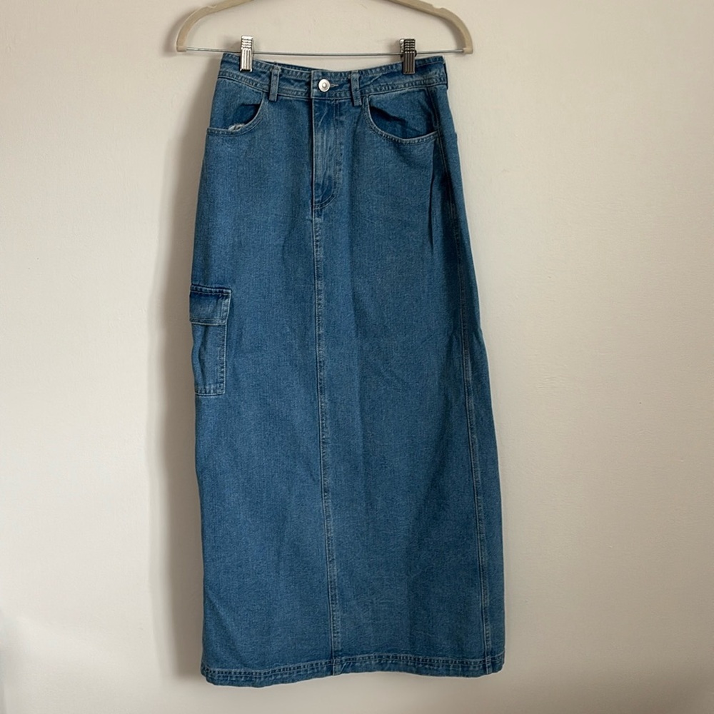 PRINCESS POLLY: HARBEN DENIM MAXI SKIRT: MidWash, Cargo Pocket, Sold Out Online